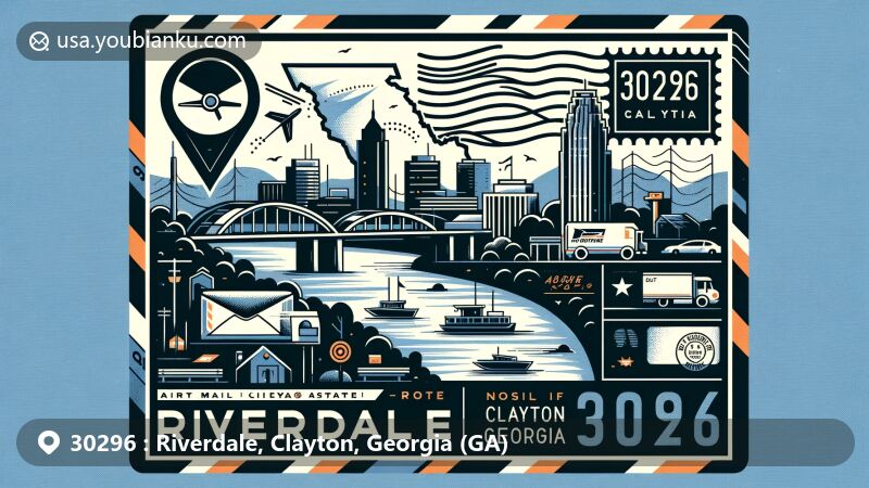Modern illustration of Riverdale, Clayton, Georgia, incorporating Georgia outline, Clayton County shape, and Riverdale landmarks and cultural symbols, with postal elements like stamp, postmark with ZIP code 30296, mailbox, and mail truck.
