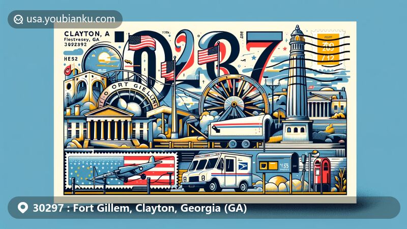 Modern postcard illustration of Fort Gillem, Clayton, Georgia, themed around ZIP code 30297, showcasing state flag and local landmarks, with postal elements like stamp and mailbox.