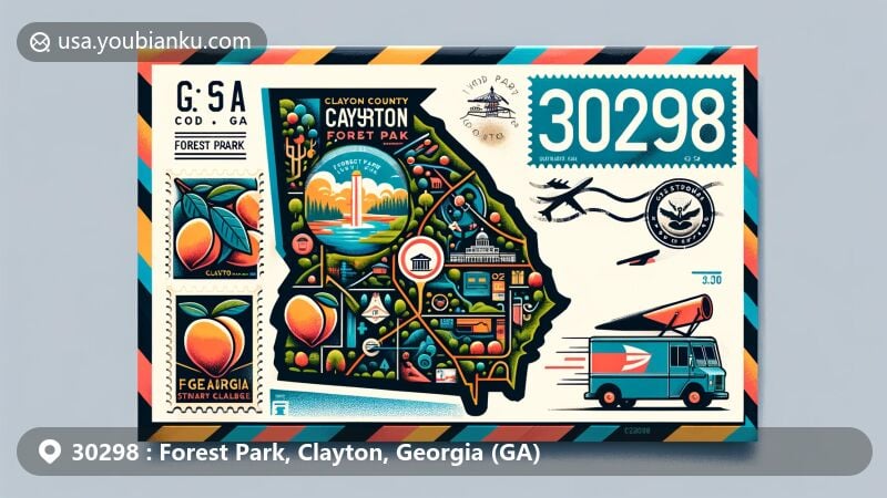 Colorful illustration representing Forest Park, Clayton County, Georgia, with ZIP code 30298, featuring airmail envelope design, Clayton County map outline, Georgia state symbols, and Forest Park landmark.