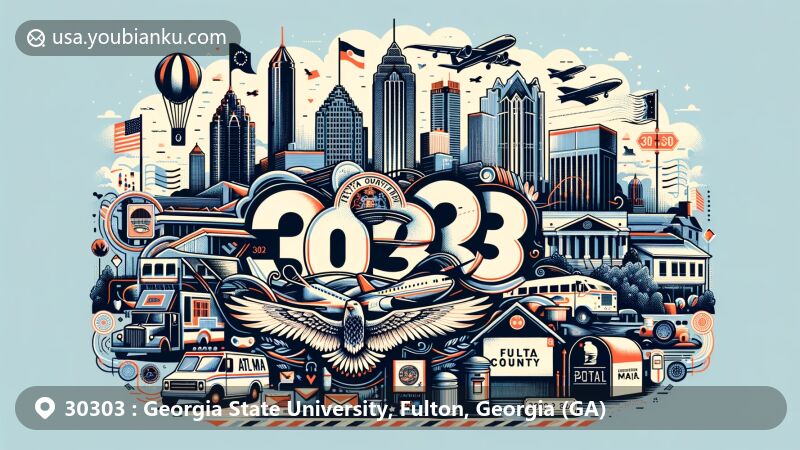 Modern illustration of Georgia State University area in ZIP code 30303, featuring Atlanta skyline, campus, Fulton County elements, and state symbols.