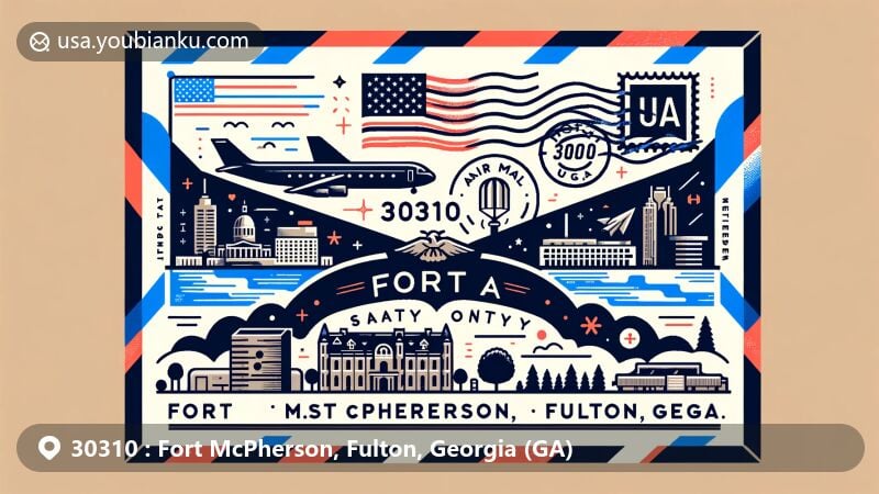 Modern illustration of Fort McPherson, Fulton, Georgia, showcasing postal theme with ZIP code 30310, featuring Georgia state flag and key landmarks.