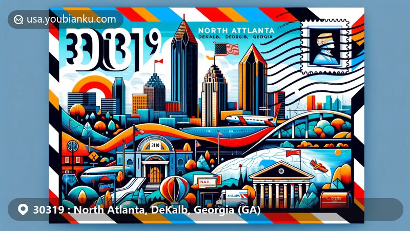 Modern illustration of North Atlanta, DeKalb, Georgia, highlighting postal theme with ZIP code 30319, featuring Georgia state flag and cultural symbols.