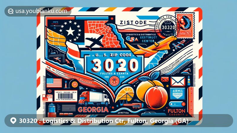 Modern illustration of Logistics & Distribution Center in Fulton, Georgia, resembling airmail envelope, with detailed map of Fulton County and iconic Georgia symbols like state flag and peaches, vintage postage stamp, postmark with ZIP code 30320, and classic airmail border.