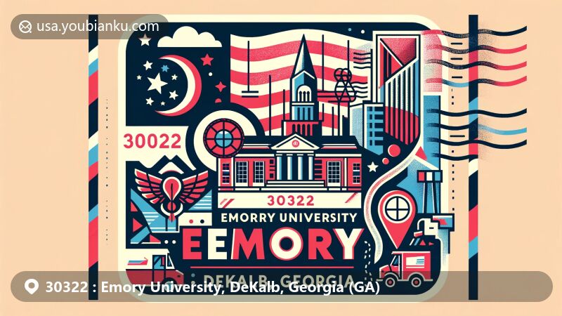 Modern illustration of Emory University, DeKalb, Georgia, showcasing Georgia state flag, DeKalb County outline, and iconic landmarks. Includes postcard with stamp, postmark, ZIP code 30322, and mail elements.