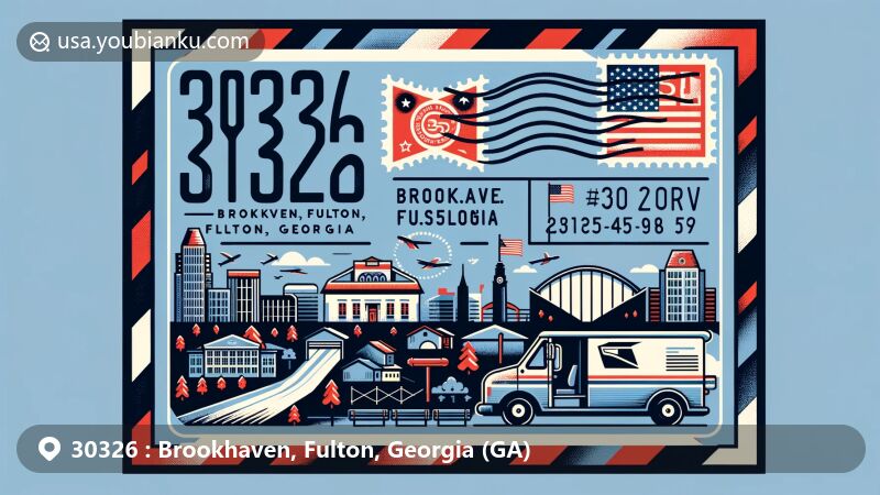Modern illustration of Brookhaven, Fulton, Georgia, representing ZIP code 30326 with a creative airmail envelope design, incorporating a postal stamp, postmark, and mail truck. Features include the Georgia state flag, Fulton County outline, and a key landmark from Brookhaven.
