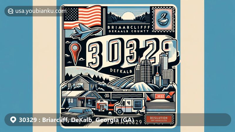 Modern illustration of Briarcliff, DeKalb, Georgia, capturing essence of ZIP code 30329 with state flag, DeKalb County outline, and postal elements like stamp and postmark.