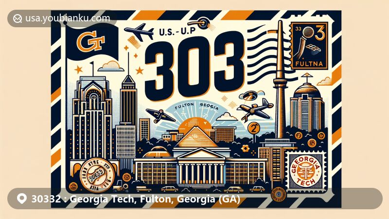 Modern illustration representing U.S. ZIP Code 30332, featuring Georgia Tech in Fulton County, Georgia, with postcard or airmail envelope theme and state flag, showcasing landmarks and cultural elements.