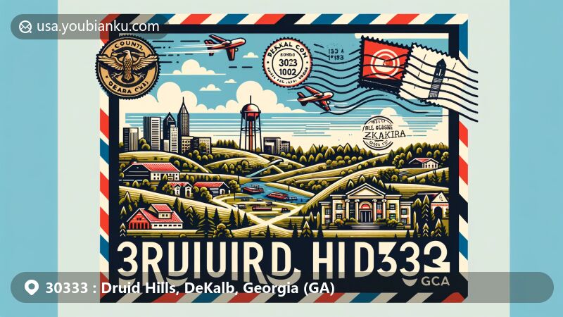 Modern illustration of Druid Hills, DeKalb County, Georgia, capturing local elements with Georgia's state flag, DeKalb County map, notable landmark, and postal theme, featuring ZIP code 30333.