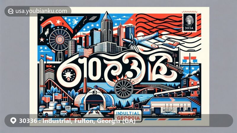 Modern illustration of Fulton, Georgia, showcasing Industrial area with ZIP code 30336, featuring Georgia state flag, Fulton County outline, and cultural symbols.