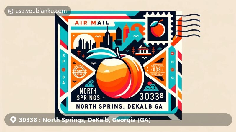 Creative illustration of North Springs, DeKalb County, Georgia, in the form of an air mail envelope, featuring a stylized map of Georgia, iconic peach, local landmarks, and the Georgia state flag stamp.