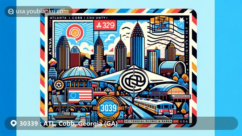 Modern illustration of Atlanta (ATL), Cobb County, Georgia (GA), for ZIP code 30339, highlighting state flag, county outline, and iconic landmarks like Georgia Aquarium and Centennial Olympic Park.