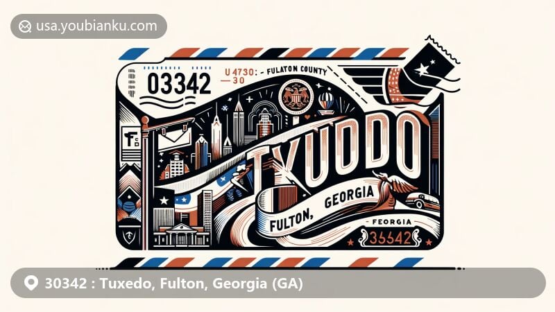 Modern illustration of Tuxedo, Fulton, Georgia (GA), showcasing ZIP code 30342, featuring Georgia state flag, Fulton County shape, and cultural elements of Tuxedo.