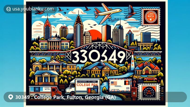 Modern illustration of College Park, Fulton County, Georgia, representing ZIP code 30349, featuring cityscape, local landmarks, Georgia state flag, and Fulton County map outline.