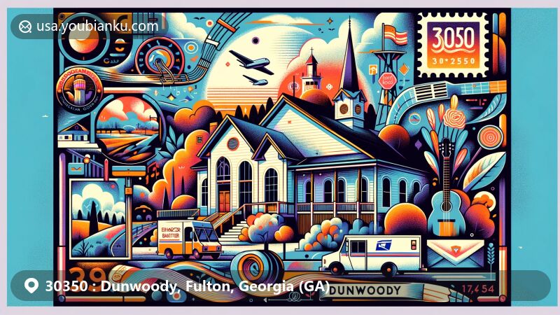 Modern illustration of Dunwoody, Fulton, Georgia (GA), highlighting landmark Donaldson-Bannister Farm and Ebenezer Primitive Baptist Church, with local arts and cultural elements, and postal symbols for ZIP code 30350.