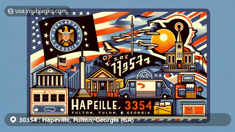 Creative illustration of Hapeville, Fulton County, Georgia, inspired by postal theme with ZIP code 30354, featuring Georgia state flag, Fulton County outline, and local landmarks.