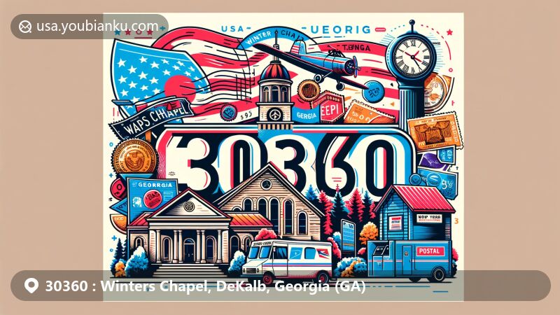 Modern illustration of Winters Chapel area, DeKalb County, Georgia, showcasing postal theme with postcards, airmail envelopes, stamps, mailbox with '30360' stamp, and postal vehicle, featuring Georgia state flag and DeKalb County outline.