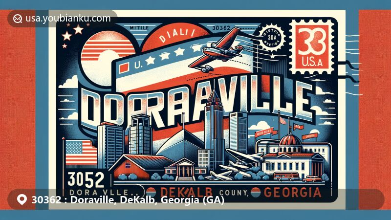 Modern illustration of Doraville, DeKalb County, Georgia, represented as a wide postcard or air mail envelope with ZIP code 30362, showcasing Georgia state flag, DeKalb County outline, and Doraville landmark.