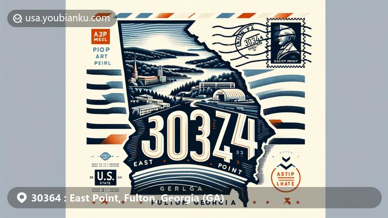 Modern illustration of East Point, Fulton, Georgia, ZIP code 30364, featuring stylized Georgia state outline and Fulton County emphasis, with iconic landmarks and postal elements.