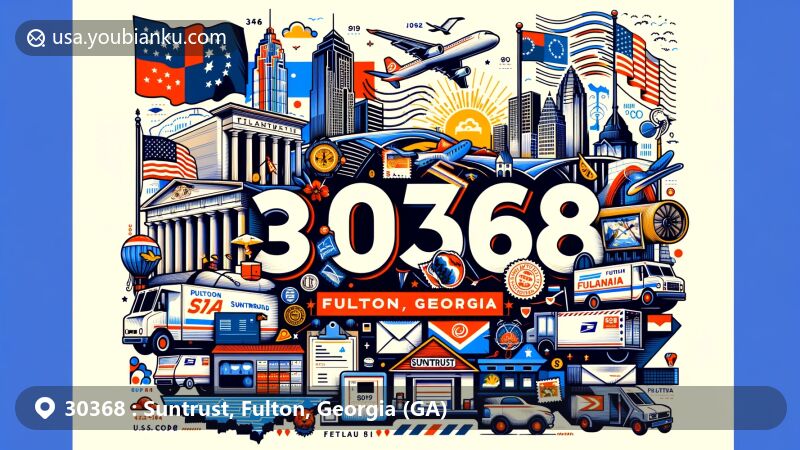 Modern illustration of Suntrust in Fulton, Georgia, highlighting ZIP code 30368 with Georgia state flag, Fulton County outline, and cultural symbols, incorporating postal elements like postcards, stamps, and mail vehicles.