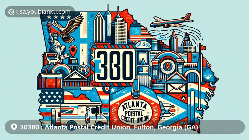 Modern illustration of Atlanta Postal Credit Union in Fulton County, Georgia, showcasing postal theme with ZIP code 30380, featuring iconic Atlanta landmarks and cultural symbols, Georgia state flag, and Fulton County outline.