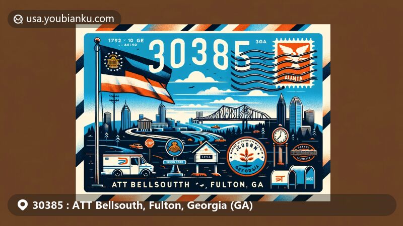 Modern illustration of ATT Bellsouth in Fulton County, Georgia, showcasing postcard design with Georgia state flag, Fulton County outline, and postal elements, including ZIP code 30385.