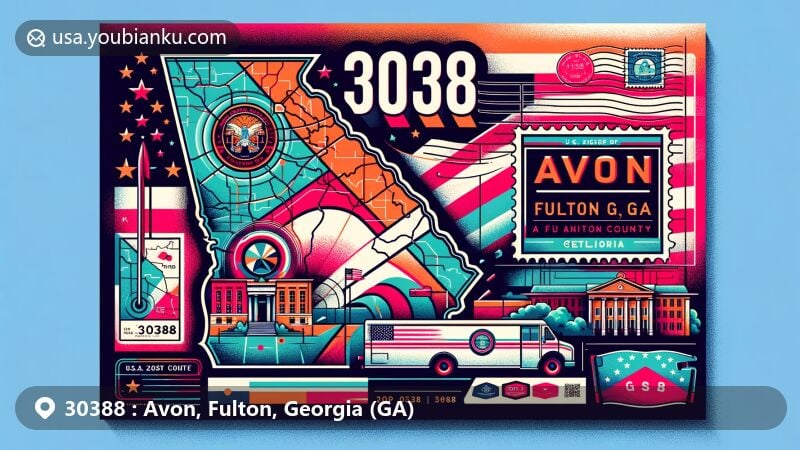 Creative depiction of Avon, Fulton County, Georgia, showcasing ZIP code 30388 with state flag background, Fulton County outline, and iconic Avon landmark.