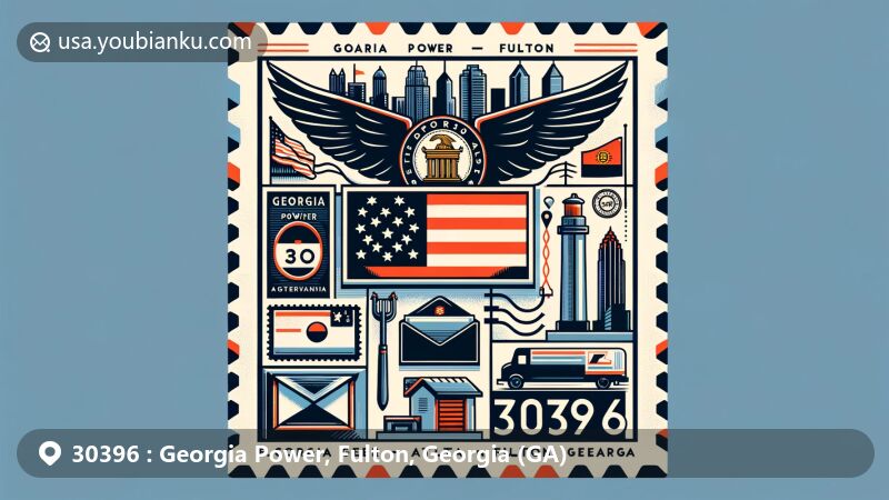 Contemporary illustration of Georgia Power area in Fulton, Georgia, representing ZIP code 30396 with state flag, Fulton County map, Georgia Power symbols, Atlanta skyline, postal elements, and modern artistic style.