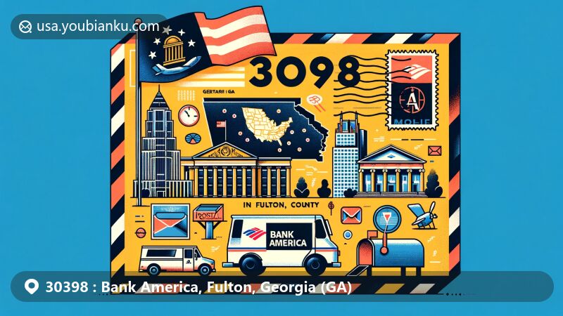 Modern illustration of Bank America in Fulton County, Georgia, with airmail envelope design featuring state flag, Fulton County map, and local landmark or cultural symbol, embellished with postal elements like postage stamp, postmark '30398', mailbox, and mail truck.