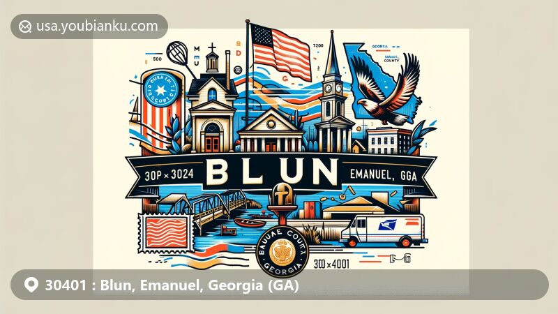 Modern illustration of Blun, Emanuel County, Georgia (GA), showcasing postal theme with ZIP code 30401, featuring Georgia state flag, Emanuel County outline, and local cultural landmarks.