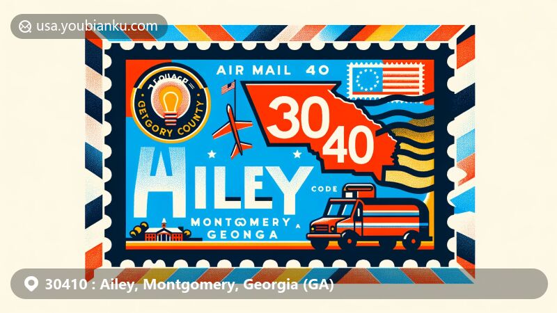 Creative depiction of Ailey, Montgomery County, Georgia, as an air mail envelope with Georgia flag, 30410 ZIP code, and iconic local symbol.