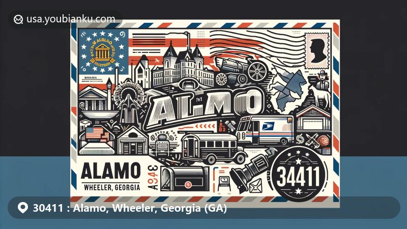 Modern illustration of Alamo and Wheeler County, Georgia (GA), highlighting postal theme with ZIP code 30411, featuring state flag, map outline, and cultural symbol of Alamo.