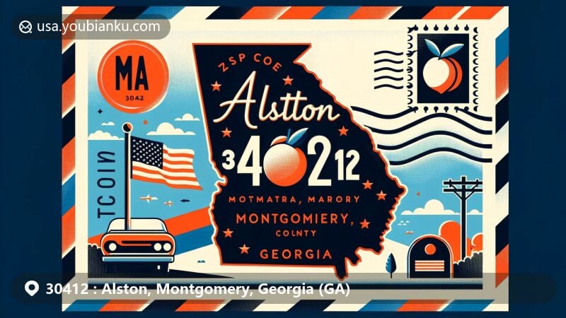 Modern illustration of Alston, Montgomery County, Georgia, showcasing postal theme with ZIP code 30412, featuring iconic Georgia symbols and vintage postal elements.
