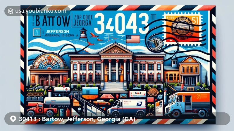 Modern illustration of Bartow, Jefferson County, Georgia, inspired by ZIP code 30413, showcasing Bartow Museum and Georgia state symbols.