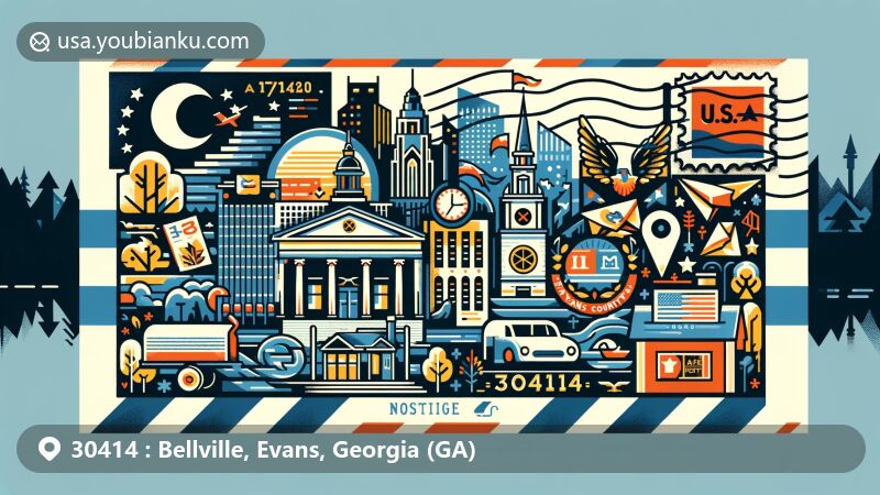 Modern illustration of Bellville, Evans County, Georgia, showcasing postal theme with ZIP code 30414, featuring state flag and local landmarks.