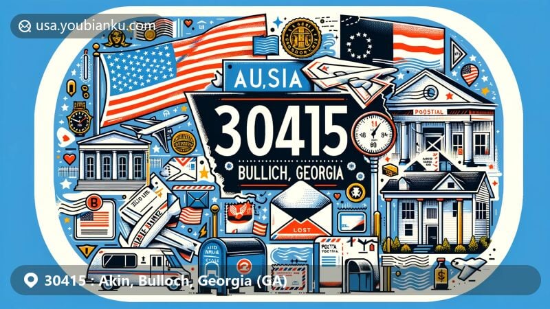 Modern illustration of Akin, Bulloch County, Georgia, highlighting postal theme with ZIP code 30415, featuring Georgia state flag and iconic symbols of Akin.