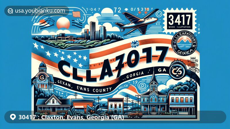 Modern illustration of Claxton, Evans County, Georgia, showcasing postal theme with ZIP code 30417, incorporating Georgia state symbols and local landmarks, designed in a creative postcard or air mail envelope style.