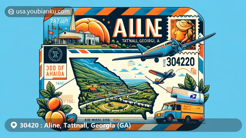Modern illustration of Aline, Tattnall County, Georgia, showcasing postal theme with ZIP code 30420, featuring an air mail envelope with map outline, Georgia state symbols, and postal elements like vintage stamp and postal truck.