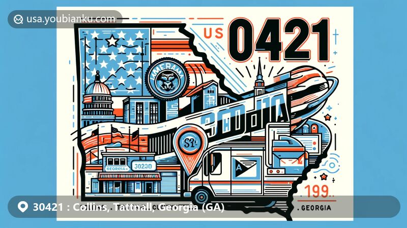 Modern illustration of Collins, Tattnall County, Georgia, resembling an airmail envelope with postal theme and zipcode 30421, showcasing Georgia and Collins landmarks, American flag, stamp, postmark, mailbox, and postal van.