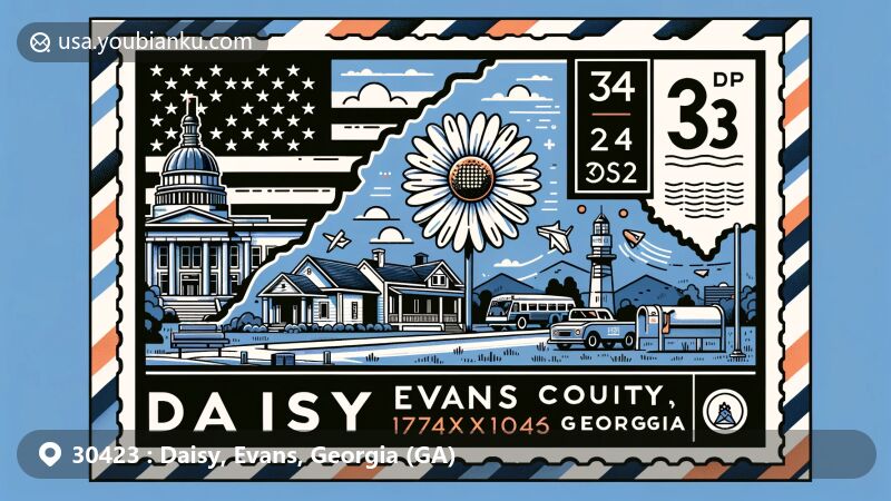 Modern illustration of Daisy, Evans County, Georgia, inspired by postal theme with ZIP code 30423, featuring Georgia state flag, Evans County outline, and local cultural element.