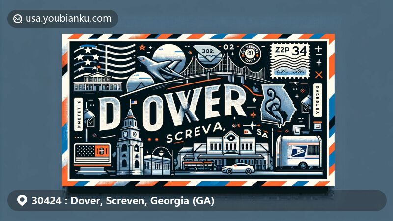 Modern illustration of Dover, Screven, Georgia, showcasing postal theme with ZIP code 30424, featuring Georgia state flag, Screven County outline, Dover landmarks, and postal service elements.
