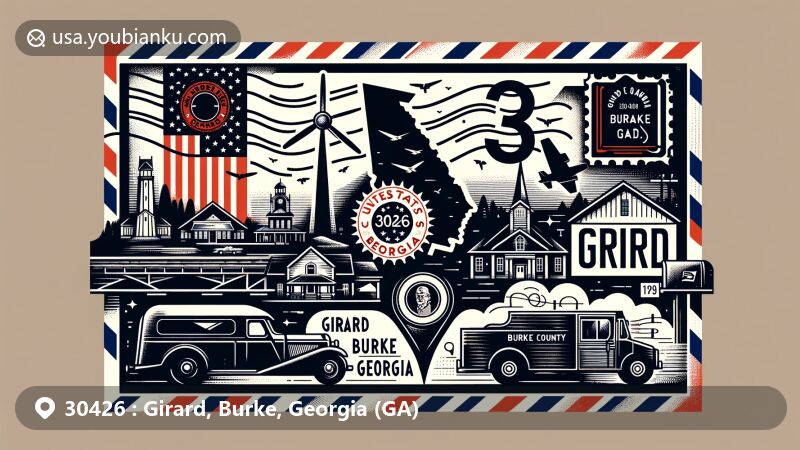 Modern illustration of Girard, Burke County, Georgia, featuring ZIP code 30426, with Georgia state flag, Burke County silhouette, postal elements, and local landmarks or cultural symbols.