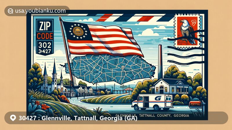 Modern illustration of Glennville, Tattnall County, Georgia, capturing the essence of ZIP code 30427 with a stylish postcard layout. Featuring Georgia state flag, Tattnall County map, and iconic Glennville landmark against a backdrop of air mail envelope.