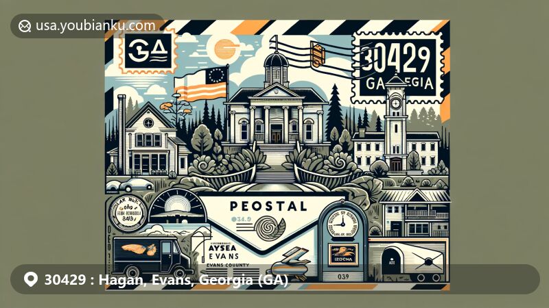 Modern illustration of Hagan, Evans County, Georgia, blending local elements, Georgia state flag, Evans County outline, and postal theme with vintage stamp, postmark '30429', and retro mailbox. Design is contemporary and uncluttered for web efficiency.