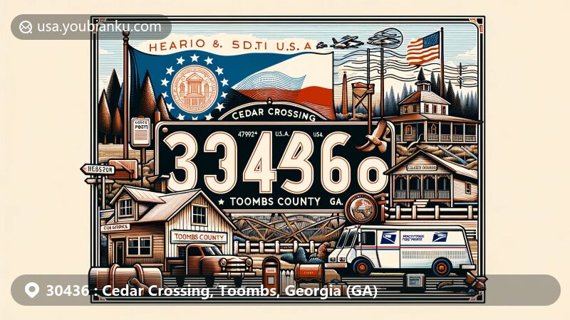 Modern illustration of Cedar Crossing, Toombs County, Georgia, in postcard style with state flag and local landmarks, featuring postal elements like vintage postage stamp, postmark, mailbox, and mail truck.