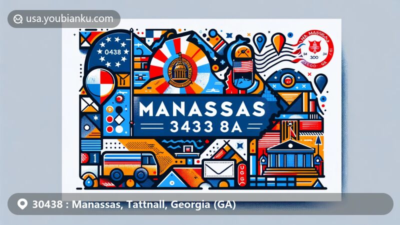 Modern illustration of Manassas, Tattnall, Georgia (GA) with ZIP code 30438, featuring Georgia state flag, Tattnall County outline, and iconic symbols of Manassas, along with postal elements like stamp, mailbox, and postal van.