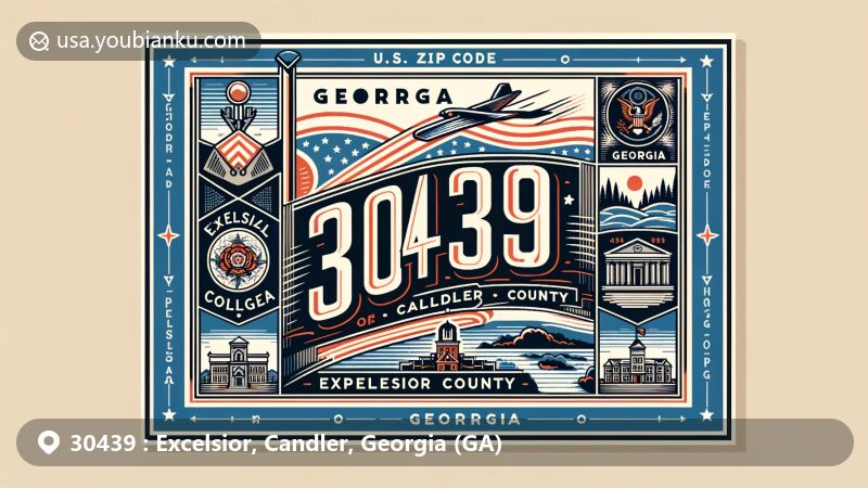 Modern illustration of Excelsior, Candler County, Georgia, reflecting vintage postcard or air mail envelope design, with ZIP code 30439, Georgia state flag, Candler County map, and local cultural symbols.