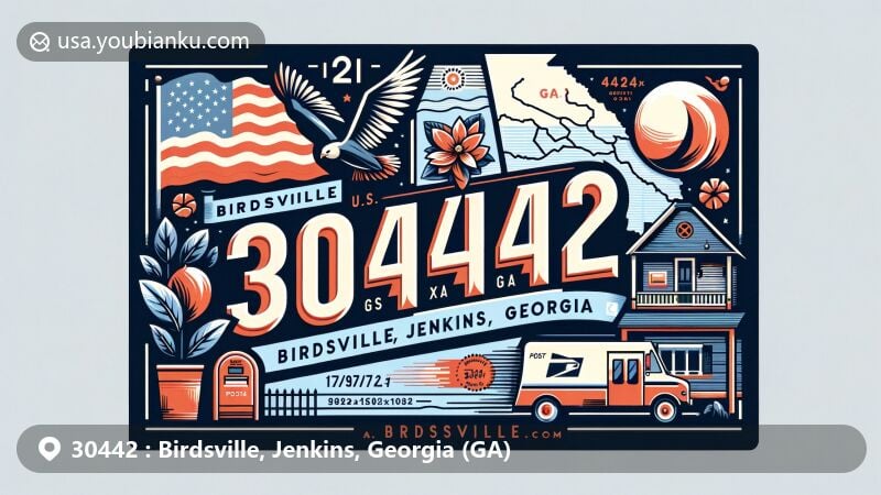 Contemporary illustration of Birdsville, Jenkins, Georgia, with ZIP code 30442, highlighting regional and postal themes, featuring Georgia state flag, magnolia, peach, and postal elements.
