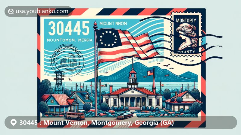 Contemporary illustration of Mount Vernon, Montgomery County, Georgia, inspired by a picturesque postcard, featuring state flag, county outline, and iconic landmark, with postal elements and ZIP code 30445.
