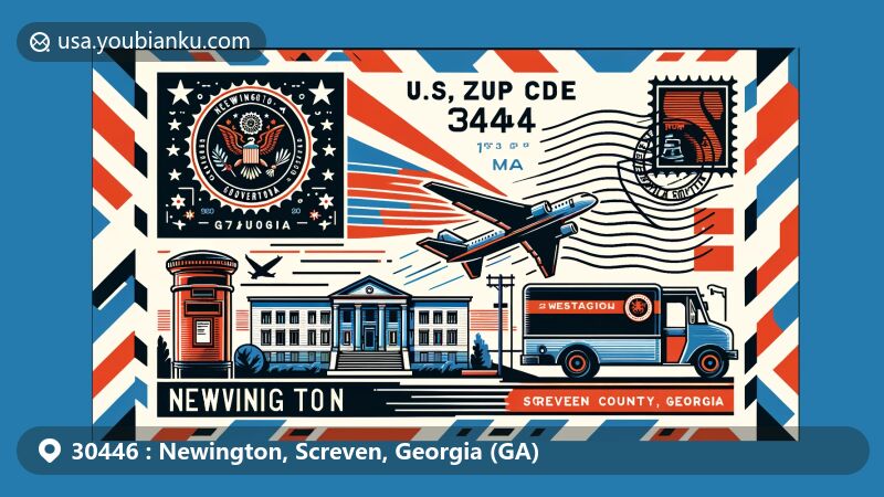 Modern illustration of Newington, Screven County, Georgia, styled as a creative postcard or air mail envelope with postal elements and Georgia state symbols.