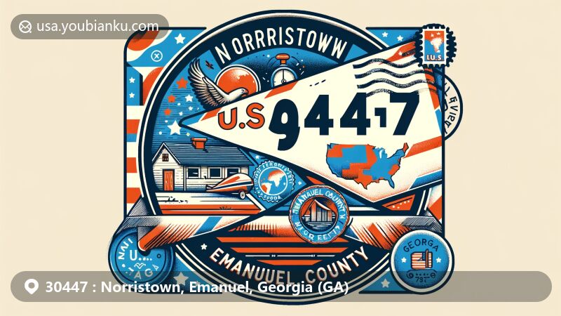 Modern illustration of Norristown, Emanuel County, Georgia, themed as an air mail envelope with ZIP code 30447, showcasing postage elements, Georgia state flag, and local landmarks.